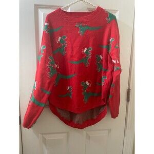 MEROKEETY T-REX DINOSAUR all over UGLY CHRISTMAS TUNIC SWEATER Women’s L